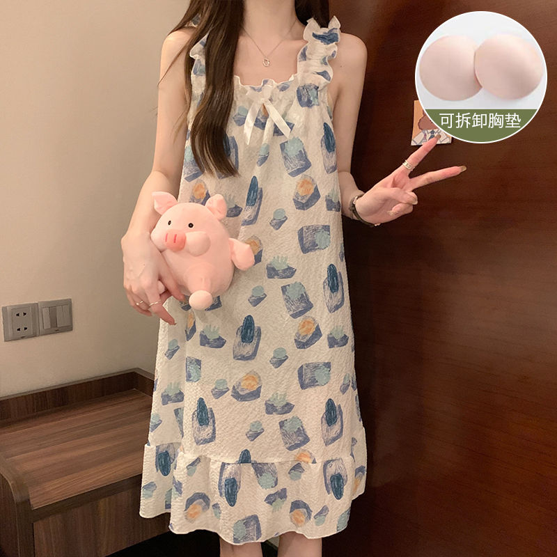睡衣  4020#帶胸墊可拆泡泡棉夏季新款睡裙吊帶印花公主風家居服