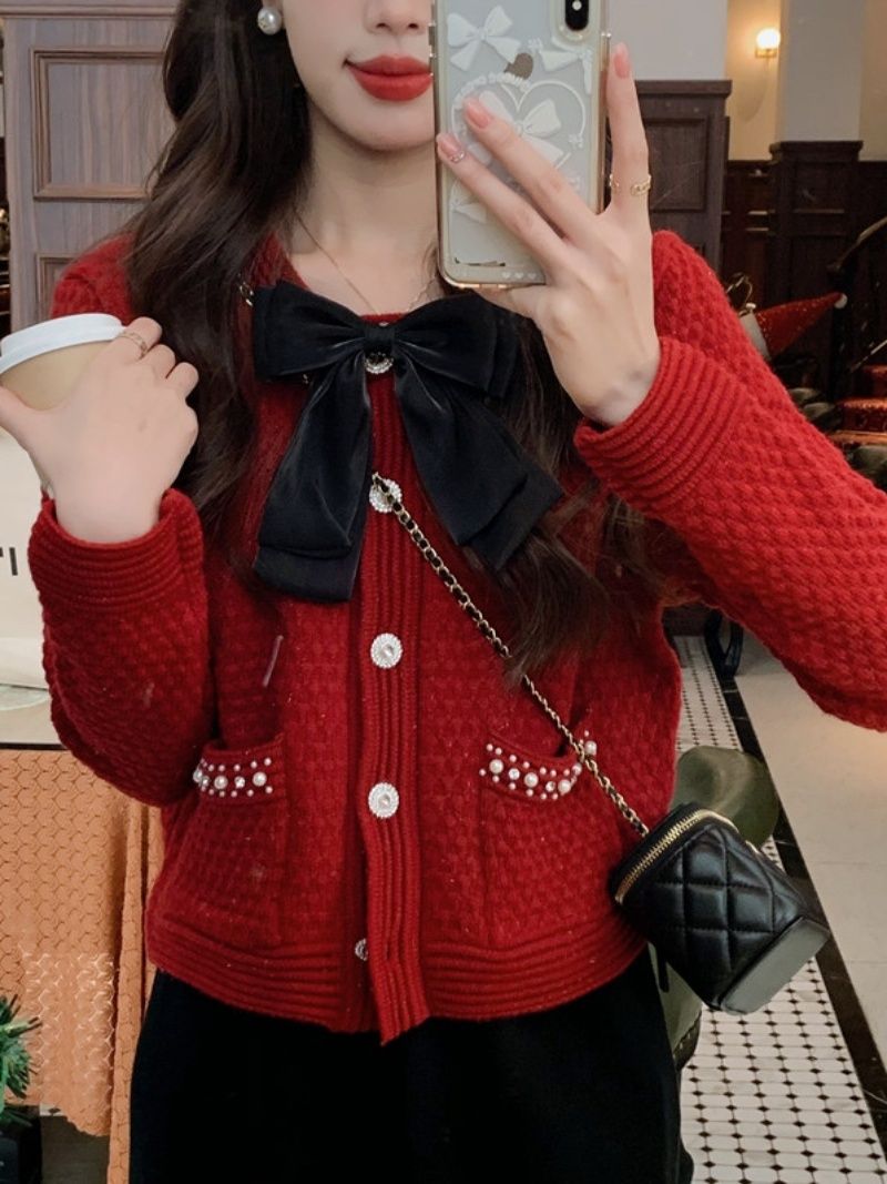 可愛甜美小香蝴蝶結釘珠織毛衣開衫2023新年聖誕紅色少女針織上衣