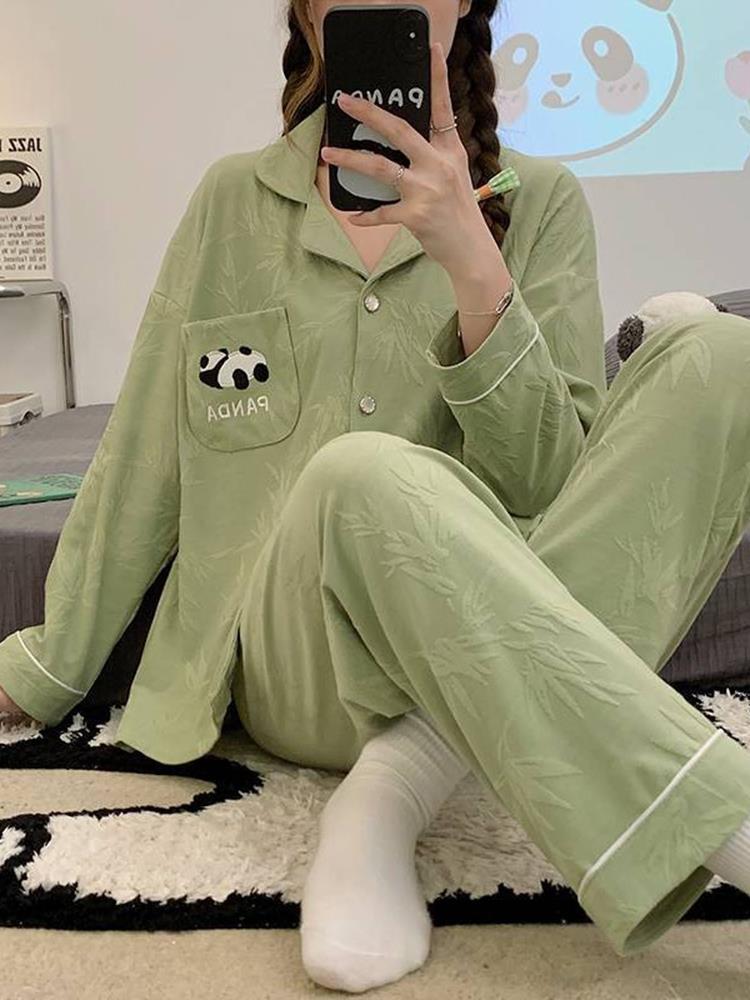 提花綠色長袖睡衣女春秋季新款可愛熊貓純色設計感休閒家居服套裝