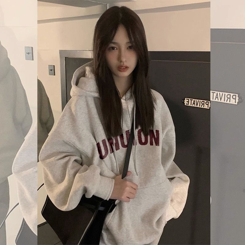 100%重磅純棉美式設計感印花衛衣女2023春秋薄款寬鬆情侶外套上衣