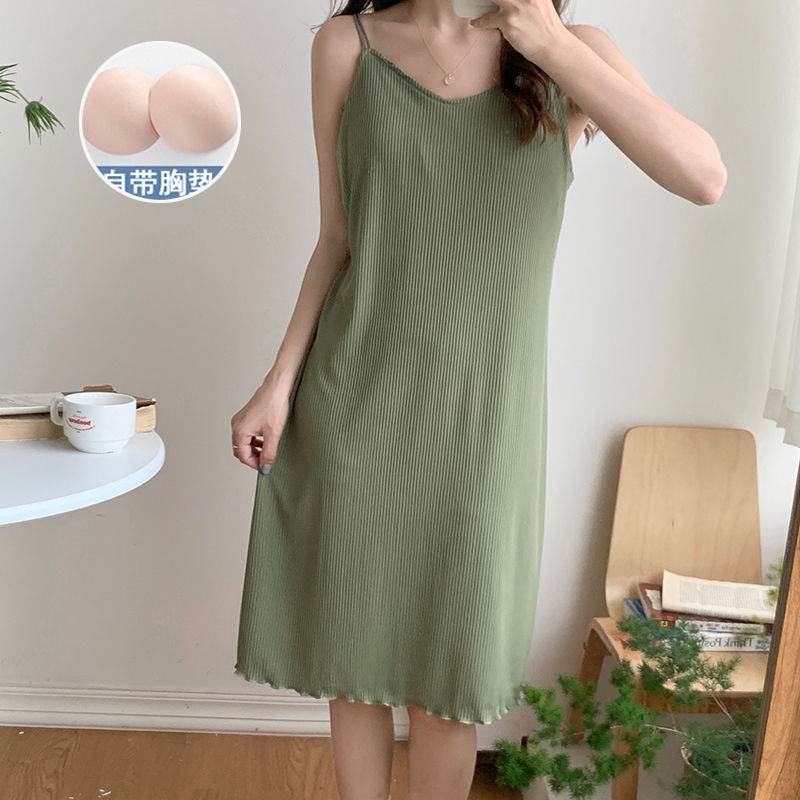 睡衣 8900#夏季帶胸墊性感美背吊帶睡裙女士薄款純色甜美家居服