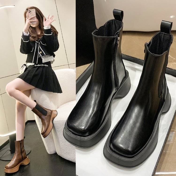 厚底中筒顯瘦馬丁靴女2022年新款百搭單靴側拉鏈切爾西方頭小短靴