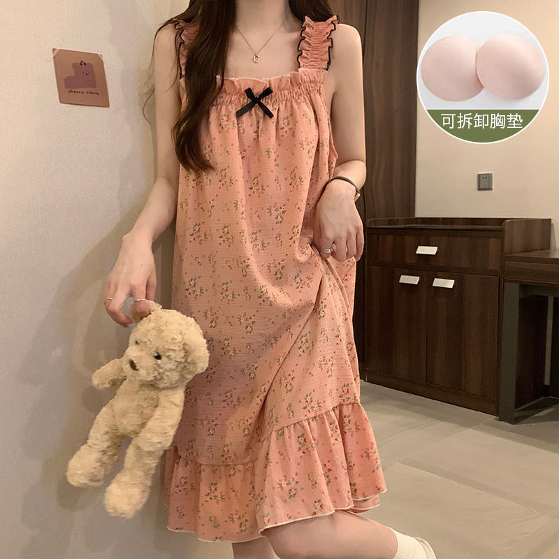睡衣 4012#帶胸墊可拆泡泡棉夏季新款睡裙吊帶印花公主風家居服