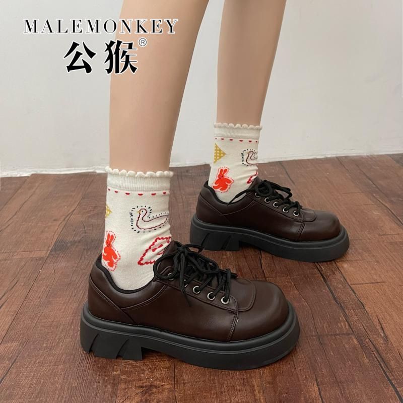 公猴小皮鞋子女2023年秋季新款厚底粗跟單鞋復古英倫風時尚百搭鞋