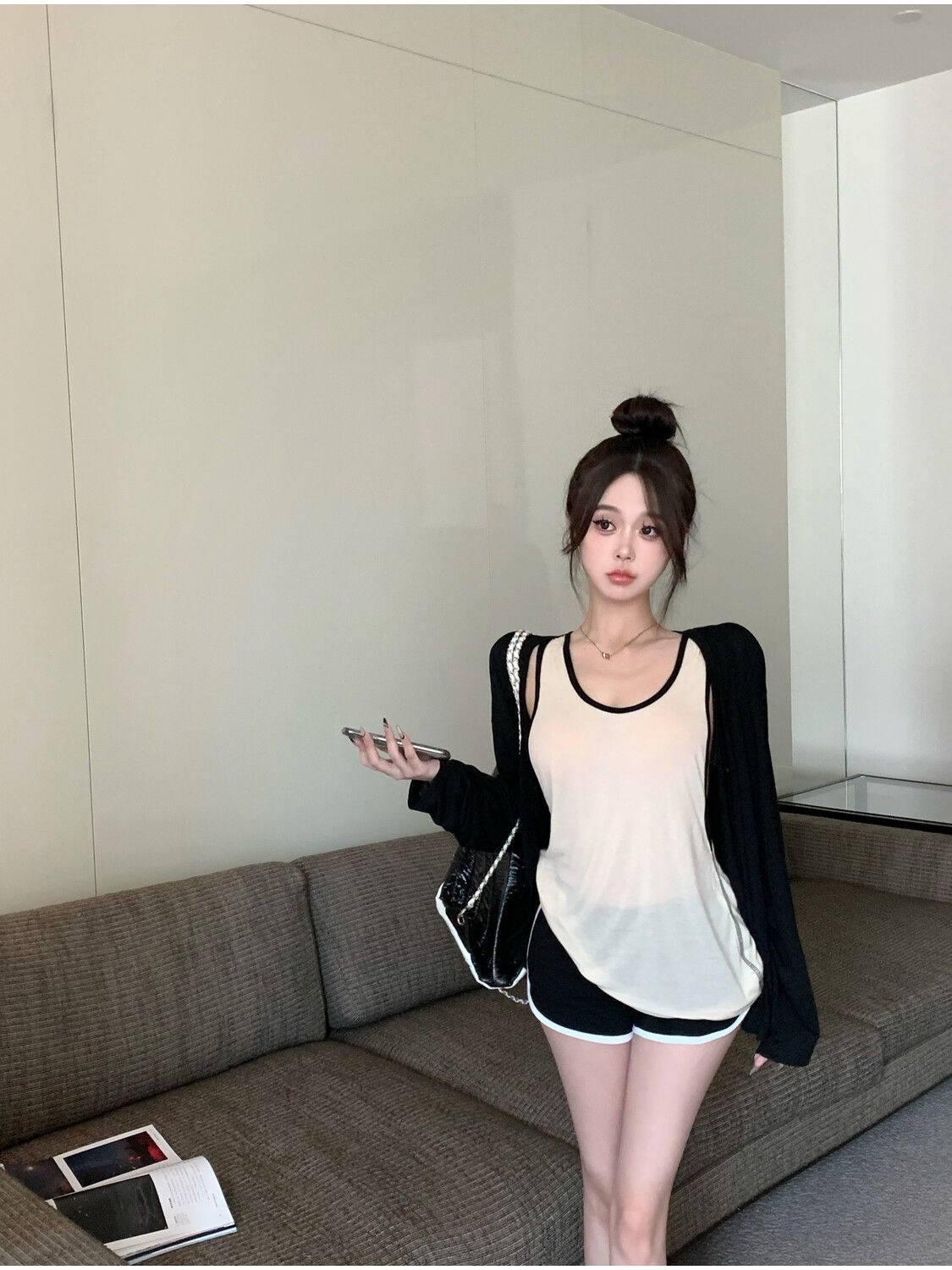 慵懶風套裝黑色防曬開衫寬鬆背心上衣女裝夏季休閒運動短褲三件套