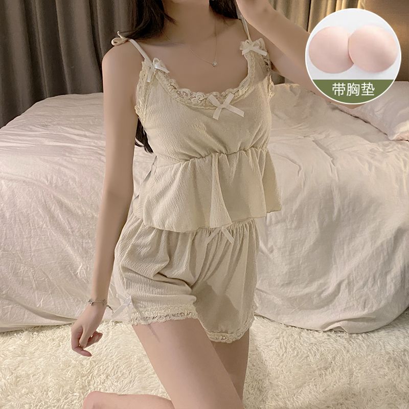 睡衣女夏季新款吊帶睡衣帶胸墊套裝蕾絲純欲風皺布甜美少女家居服