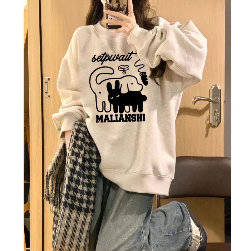 100%重磅純棉美式復古潮牌圓領衛衣女2023春秋薄款寬鬆小個子上衣