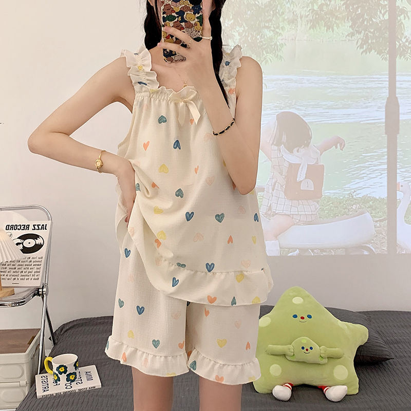 睡衣女夏季新款吊帶套裝泡泡棉帶胸墊不可拆可愛木耳卷邊裝飾