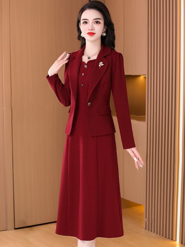 喜婆婆婚宴裝連衣裙2023女新款春秋平時可穿結婚禮服媽媽紅色套裙