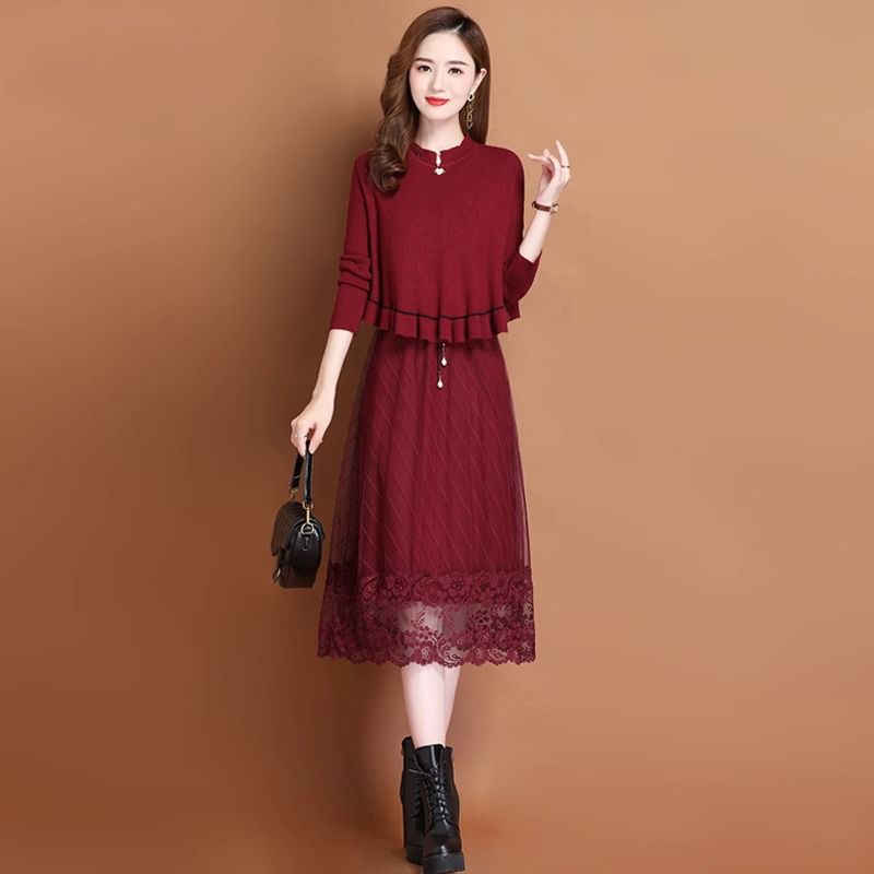 喜婆婆婚宴裝禮服兩件套裝紅色打底連衣裙春秋冬天高貴洋氣質媽媽