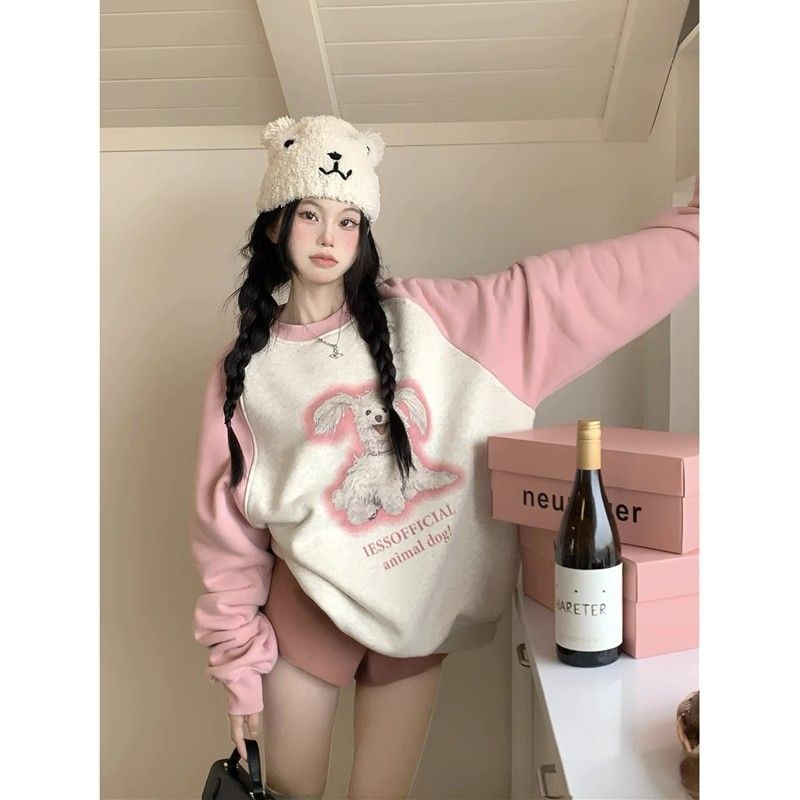 100%重磅純棉粉色可愛圓領無帽衛衣女2023春秋薄款奶甜系長袖上衣