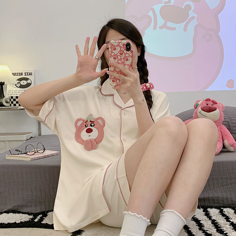 【新品】睡衣女夏季新款華夫格雙短套裝韓版甜美家居服可外穿