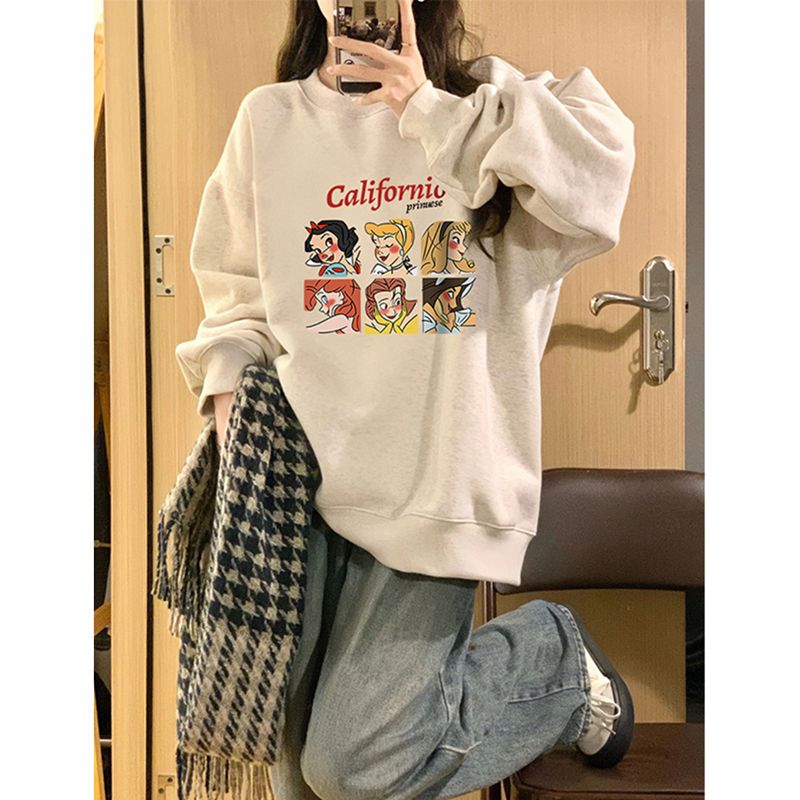100%重磅純棉美式復古圓領衛衣女2023春秋薄款學院小個子寬鬆上衣