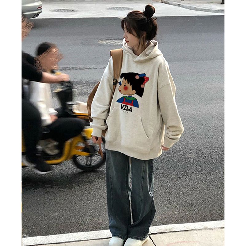 100%重磅純棉印花衛衣女2023春秋薄款小個子慵懶風連帽外套ins潮