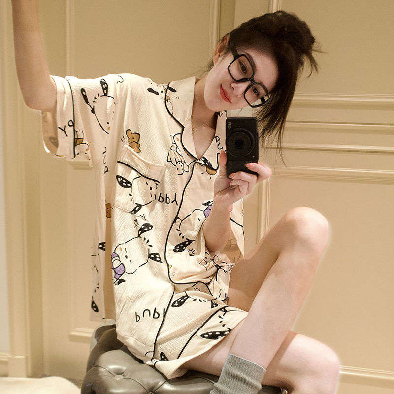 【新品】睡衣女夏季新款仿棉拉架皺布開衫碎花套裝少女甜美家居服
