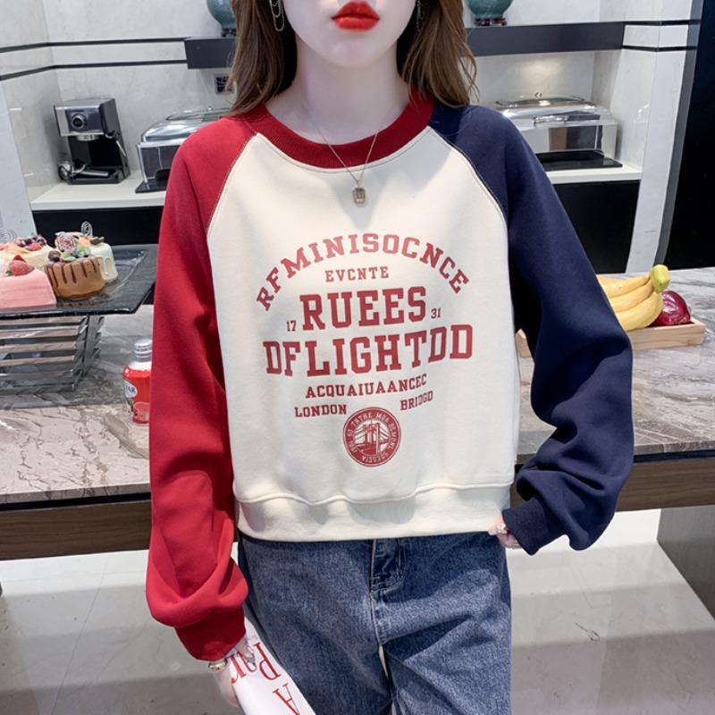2023秋季新款設計感撞色拼接圓領衛衣女短款上衣時尚字母印花外套