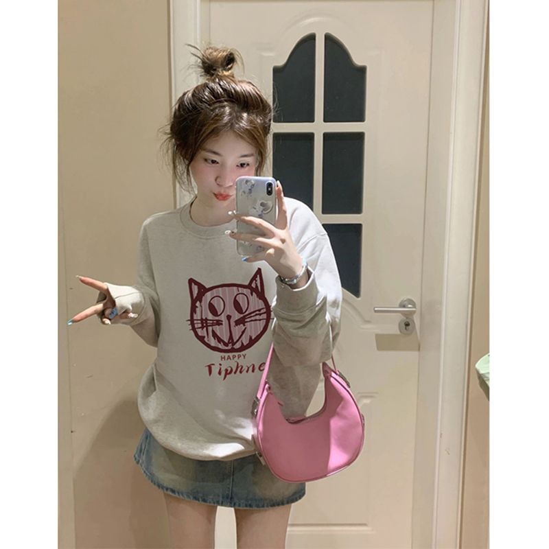 100%重磅純棉港味chic長袖圓領衛衣女2023春秋薄款寬鬆甜美外套潮