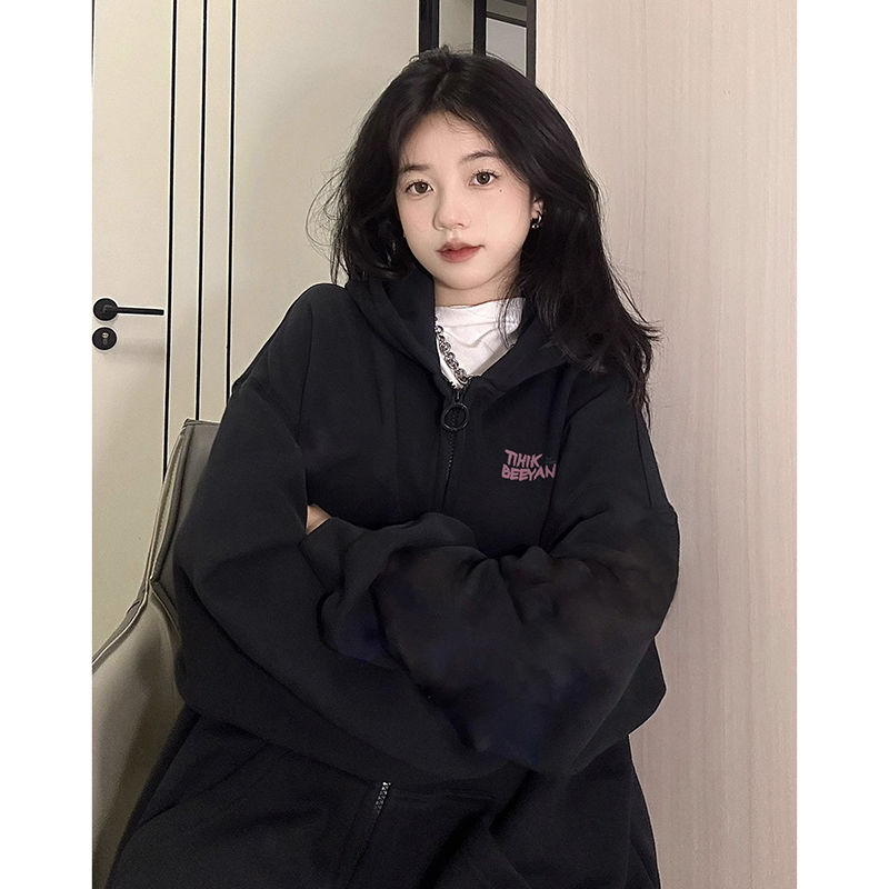 100%重磅純棉黑色連帽衛衣女2023春秋薄款oversize美式寬鬆外套潮