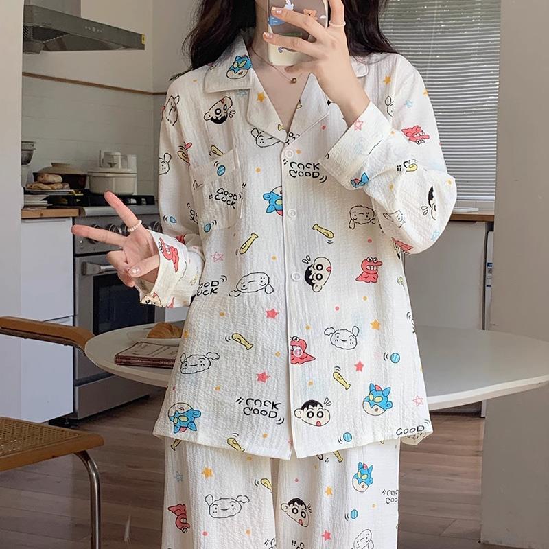 泡泡皺睡衣女款可愛學生春秋季網紅風長袖卡通蠟筆小新家居服套裝