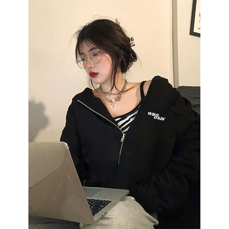100%重磅純棉小眾印花衛衣女開衫連帽2023春秋薄款設計感上衣外套