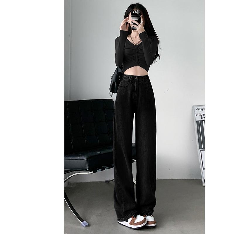 黑色直筒牛仔褲褲子女春秋2023新款小個子寬鬆高腰大碼顯瘦闊腿褲