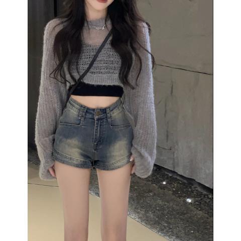 薄款緊身辣妹牛仔短褲女2023夏季新款高腰小個子顯瘦A字包臀熱褲