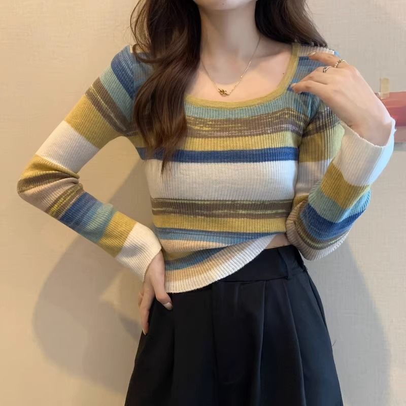 【含羊毛】方領條紋t恤長袖打底女裝內搭春秋款時尚洋氣緊身上衣