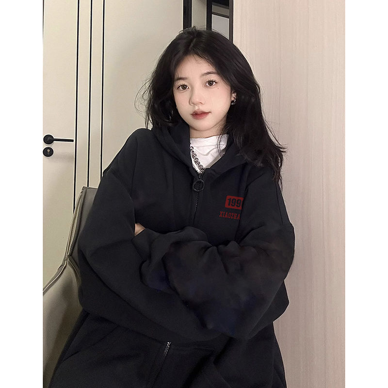 100%重磅純棉連帽開衫衛衣外套女2023春秋薄款小眾寬鬆慵懶風上衣