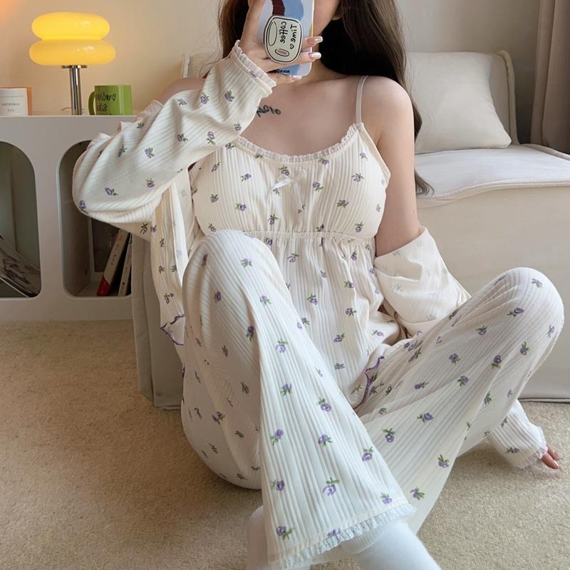 2023新款碎花睡衣女春秋季長袖網紅風性感純欲吊帶四件套裝家居服