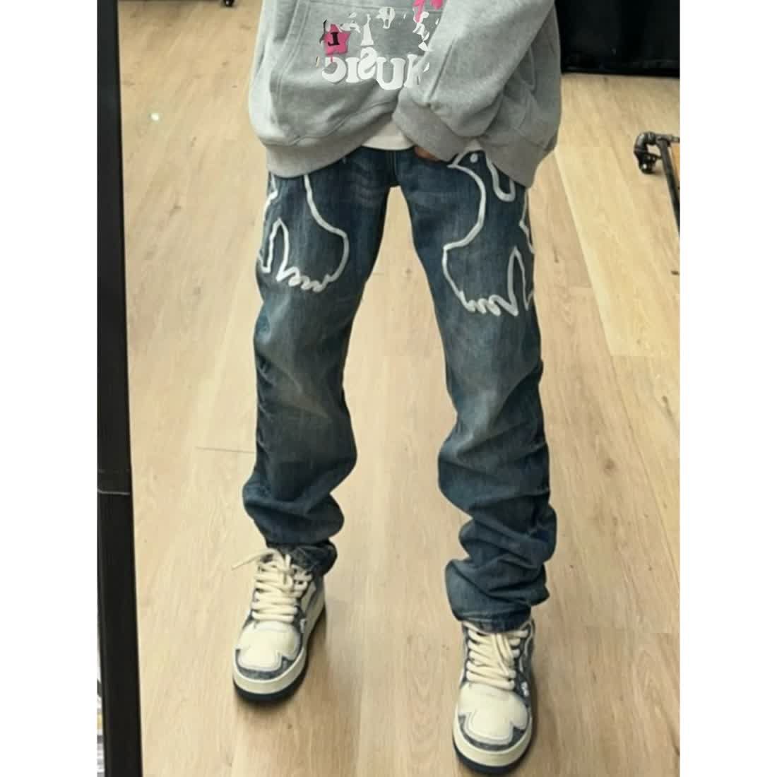 Peace dove embroidered jeans American high street straight leg loose slimming vibe style pants street hip-hop casual pants