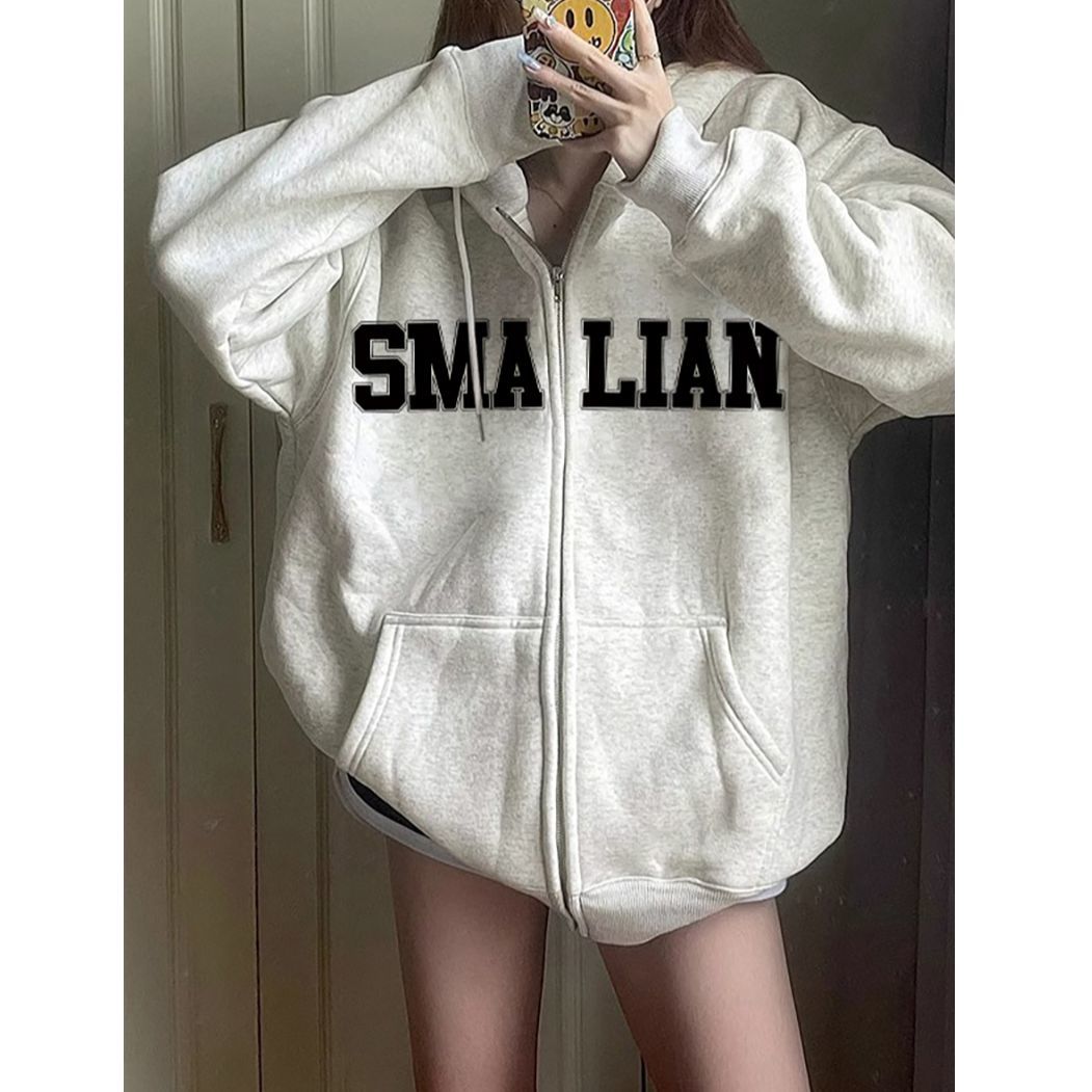 100%重磅純棉設計感小眾拉鏈外套女2023春秋薄款情侶寬鬆開衫衛衣