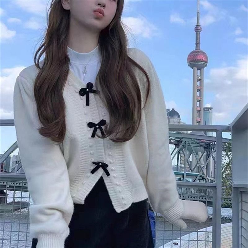 2023新款毛衣溫柔系外套甜美別致v領秋款小香風蝴蝶結針織開衫女