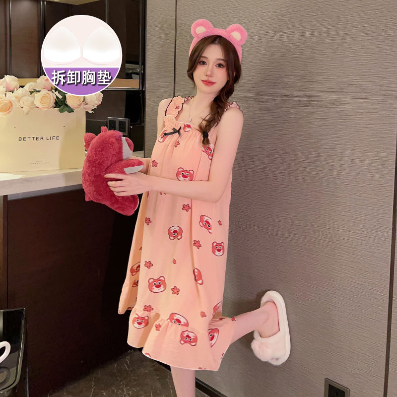 【新品】帶棉碗睡衣女夏季新款泡泡棉吊帶睡裙加大240斤可穿M-5XL
