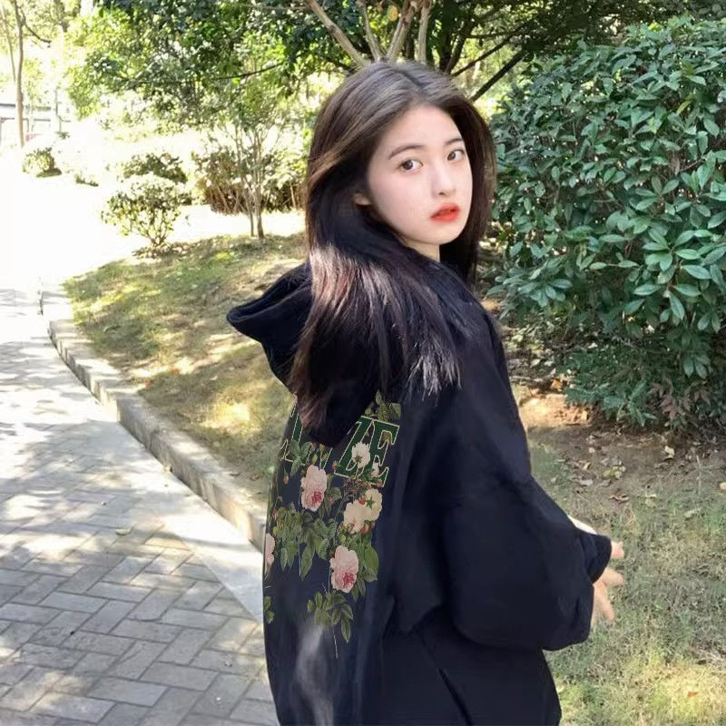 100%重磅純棉美式慵懶chic衛衣外套女2023春秋薄款小眾bf寬鬆上衣