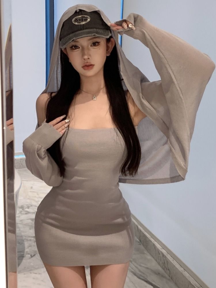 純欲風性感辣妹包臀吊帶連衣裙女夏季兩件套防曬開衫連帽上衣套裝