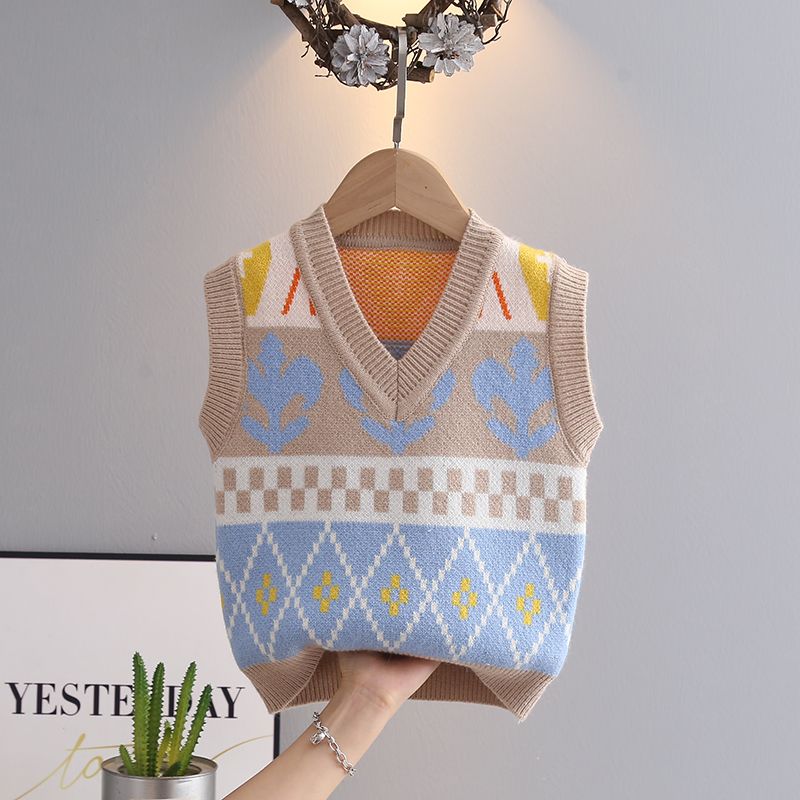 Boys and children's clothing, children's waistcoats, women's spring and autumn styles, children's color matching rhombus outer contrasting color knitted sweater vests