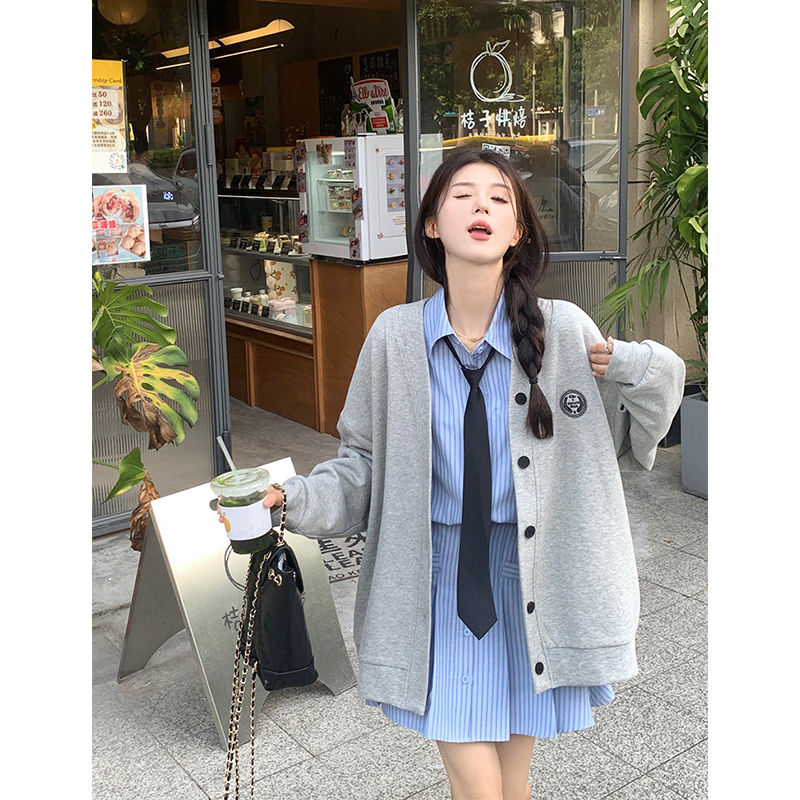 學院風長袖衛衣外套女秋季2023新款設計感刺繡V領寬鬆百搭開衫潮