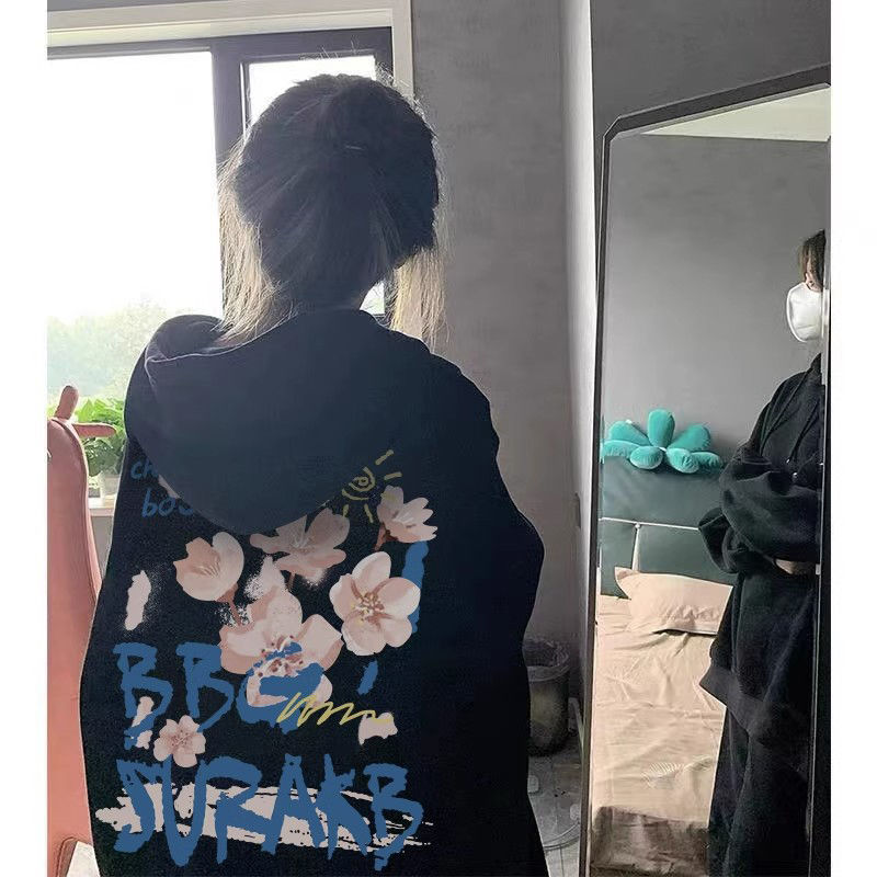 100%重磅純棉美式復古黑色衛衣女2023春秋薄款寬鬆oversize上衣潮