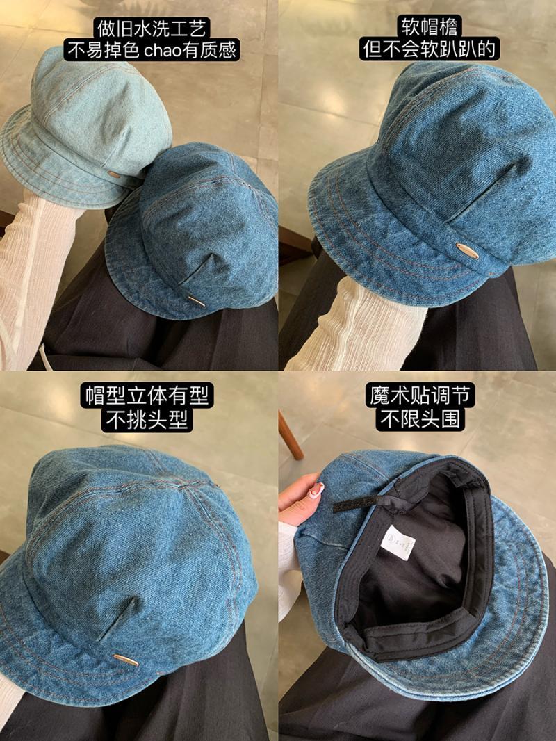 Small metal standard denim beret retro octagonal hat women's summer big head circumference fashion painter hat all-match show small face