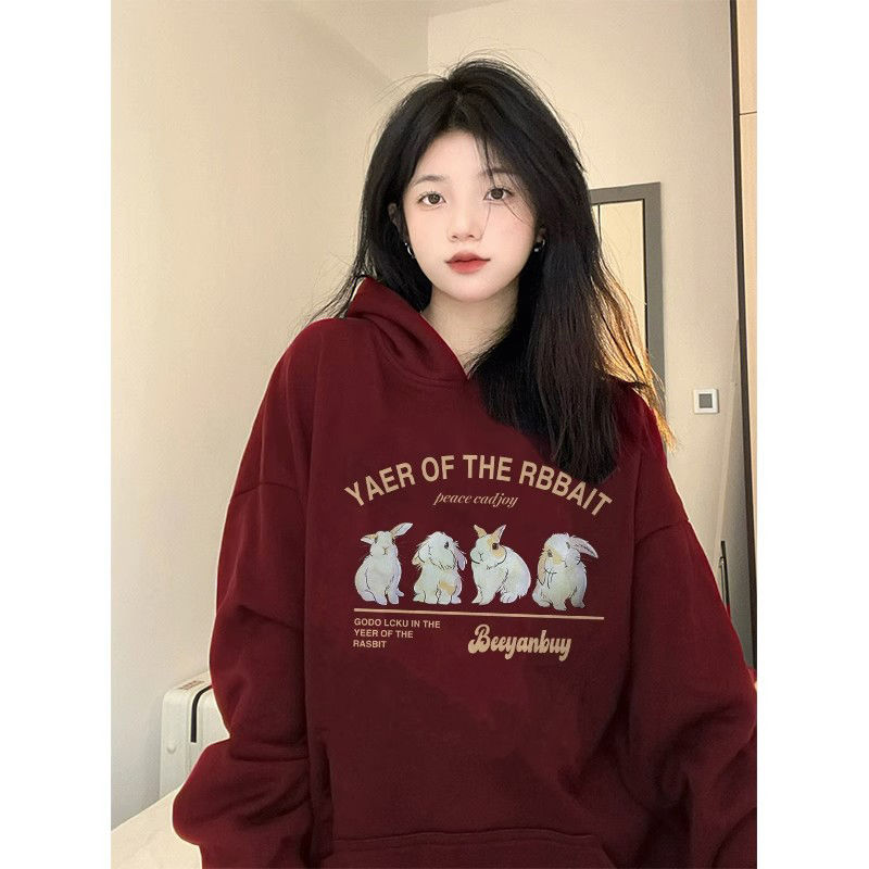 100%重磅純棉兔子印花連帽衛衣女小個子2023春秋薄款oversize上衣