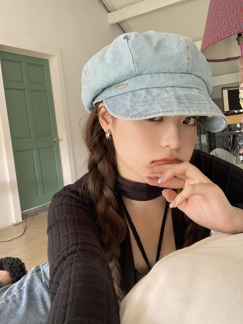 Small metal standard denim beret retro octagonal hat women's summer big head circumference fashion painter hat all-match show small face