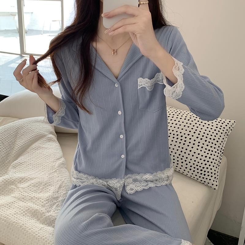 長袖睡衣女春秋季網紅風2023年新款純欲風蕾絲v領藍色家居服套裝