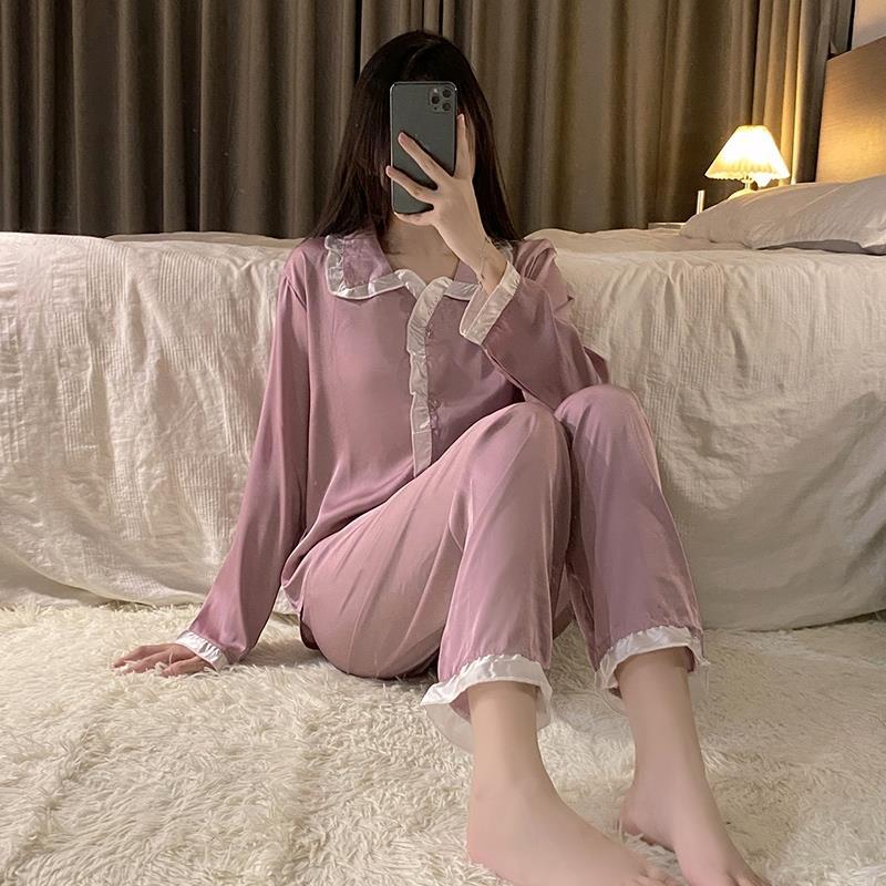 網紅睡衣女冰絲長袖2023新款春秋款高級感甜美可愛休閒家居服套裝