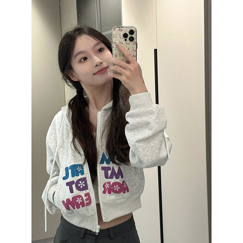 100%重磅純棉彩色字母連帽短款衛衣女2023春秋薄款慵懶風氣質外套