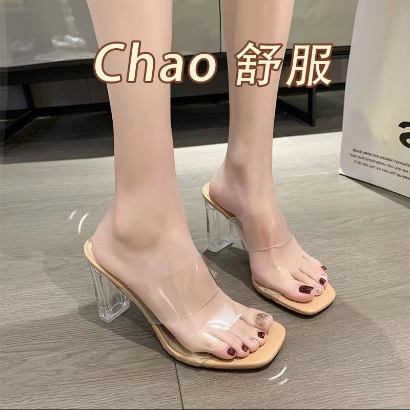 一字帶涼鞋女夏銀色百搭外穿拖鞋舒適簡約氣質水晶粗跟透明高跟鞋