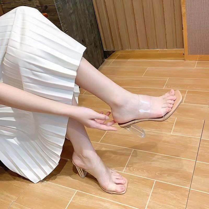大碼4142半拖鞋女2023年新款夏水晶透明高跟涼拖鞋子粗跟外穿時尚