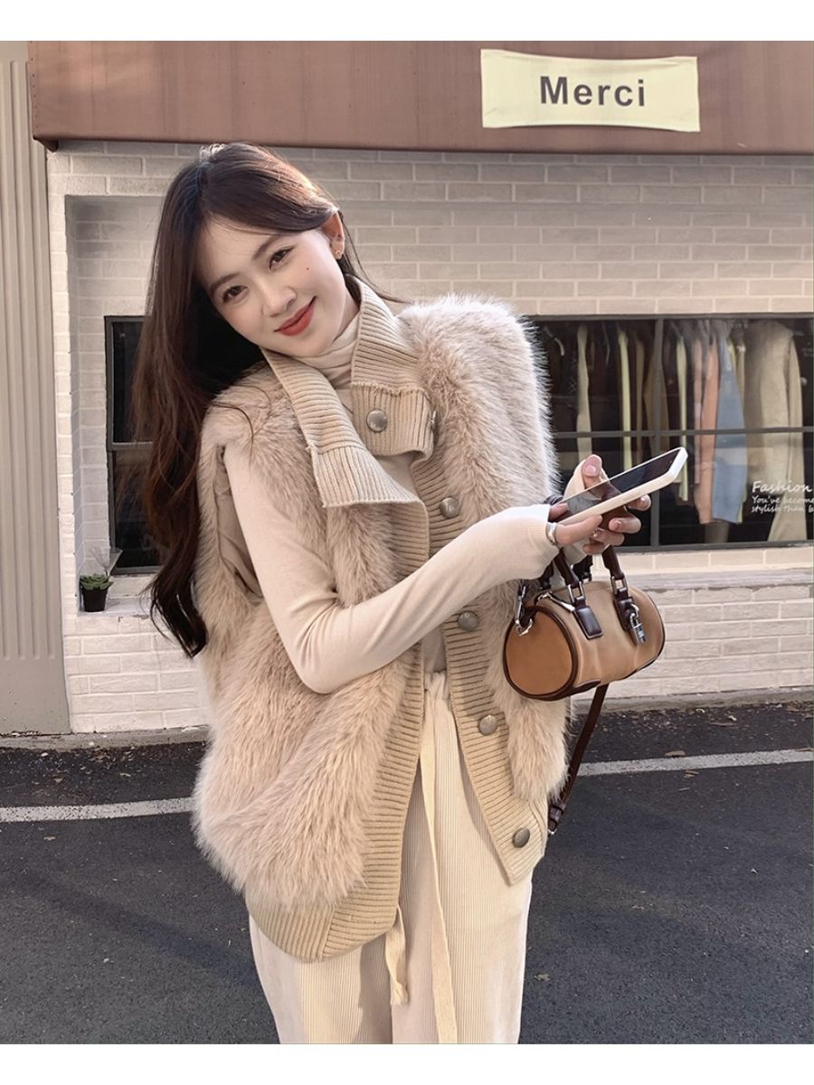 Autumn and Winter New Warm Korean Style Plush Vest Jacket Loose Stand Collar Knitted Splicing Vest Women’s Versatile