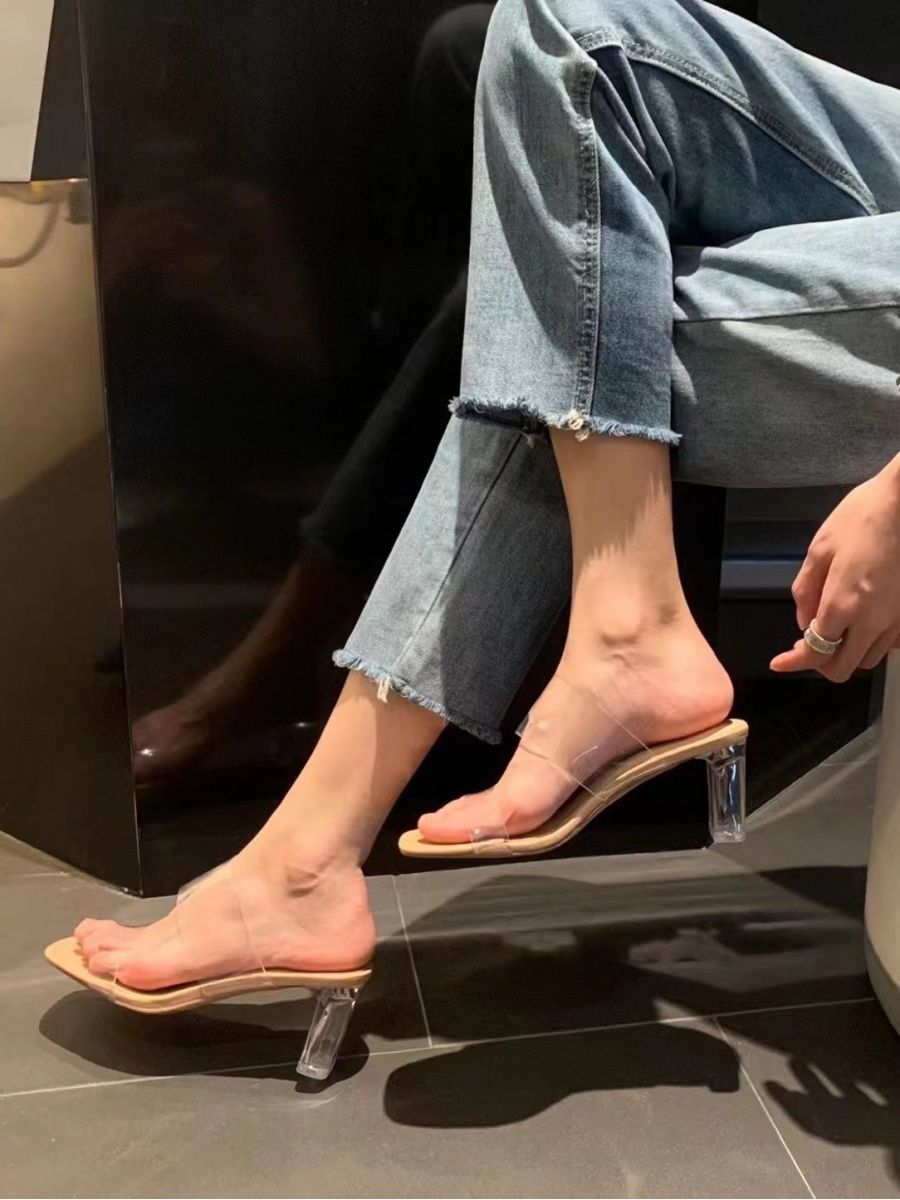一字帶透明水晶跟粗跟時尚外穿拖鞋2023新款夏季外穿高跟鞋涼鞋女