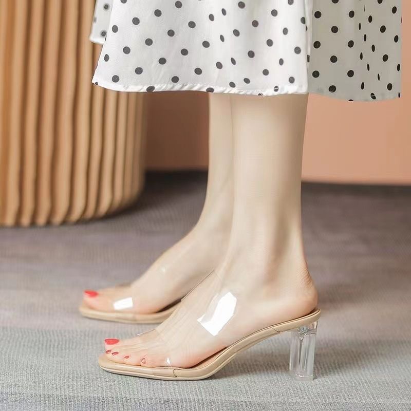 大碼方頭女涼拖鞋2023春夏新款網紅粗跟透明百搭復古一字帶中高跟