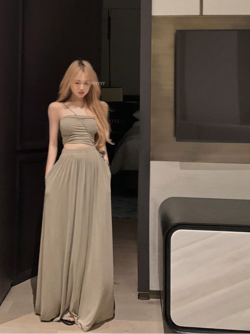 純欲風性感抹胸背心上衣辣妹套裝女夏季高腰垂感半身裙長裙兩件套